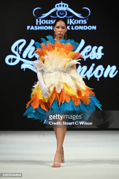 Model walks the runway for Shameless Opinion represented by The Fashion Life Tour at the House of Ikons show during London Fashion Week September...