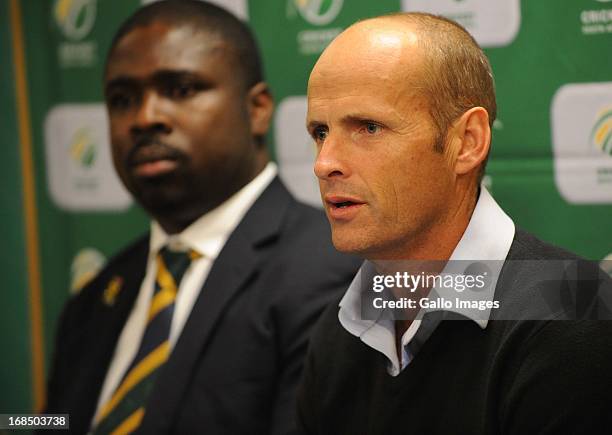 Acting CEO Naasei Appiah and Protea Coach Gary Kirsten during the CSA press conference at ACSA Media Centre on May 10, 2013 in Johannesburg, South...