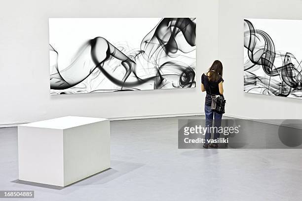 modern art exhibition - person standing infront of wall stockfoto's en -beelden