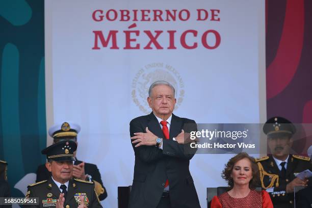 President of Mexico Andres Manuel Lopez Obrador gestures during the annual military parade as part of the independence day celebrations at Zocalo on...