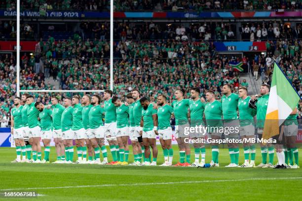 Players of Ireland during the national anthem prior to the Rugby World Cup France 2023 match between South Africa and Ireland at Stade de France on...