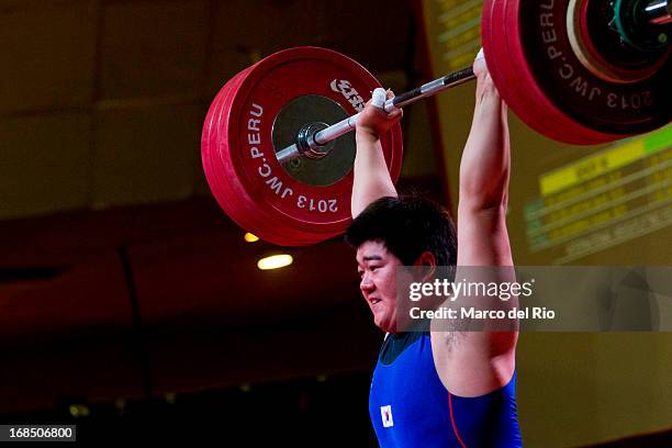 Seunghwan Ko of Korea B competes in Men's 105kg during day seven of the 2013 Junior Weightlifting World Championship at Maria Angola Convention...
