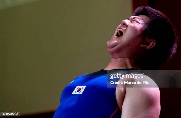 Seunghwan Ko of Korea B competes in Men's 105kg during day seven of the 2013 Junior Weightlifting World Championship at Maria Angola Convention...