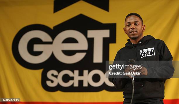 Kendrick Lamar visits Providence, Rhode Island students with the Get Schooled victory tour at the Mt. Pleasant High School on May 10, 2013 in...