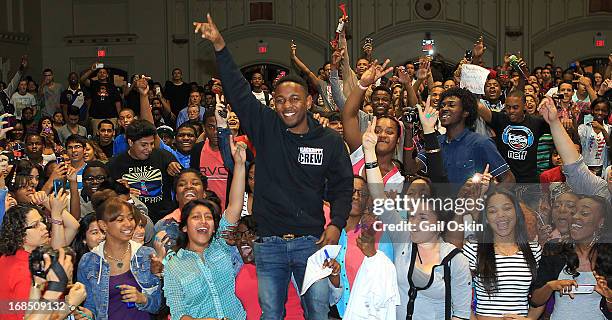 Kendrick Lamar visits Providence students with the Get Schooled victory tour at the Mt. Pleasant High School on May 10, 2013 in Providence, Rhode...