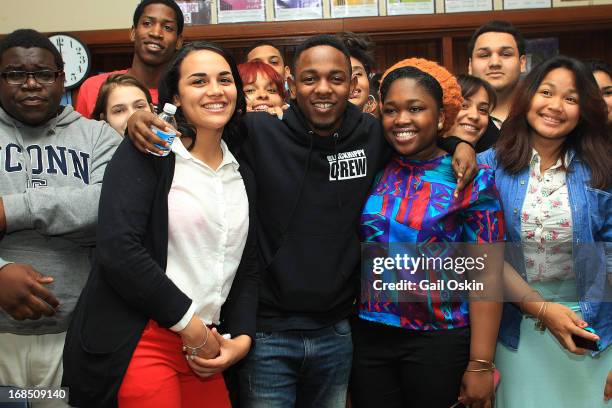 Kendrick Lamar visits Providence, Rhode Island students in their classroom during the Get Schooled victory tour at the Mt. Pleasant High School on...