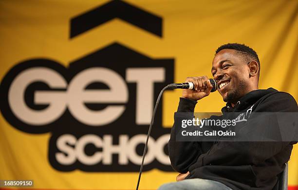 Kendrick Lamar visits Providence, Rhode Island students with the Get Schooled victory tour at the Mt. Pleasant High School on May 10, 2013 in...