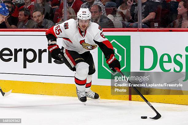Erik Karlsson of the Ottawa Senators skates with the puck against the Montreal Canadiens in Game Five of the Eastern Conference Quarterfinals during...