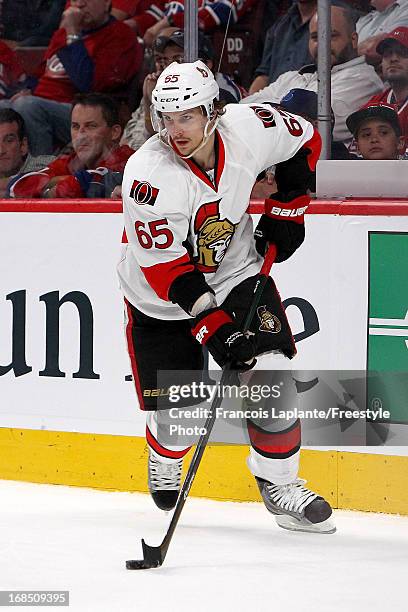 Erik Karlsson of the Ottawa Senators skates with the puck against the Montreal Canadiens in Game Five of the Eastern Conference Quarterfinals during...