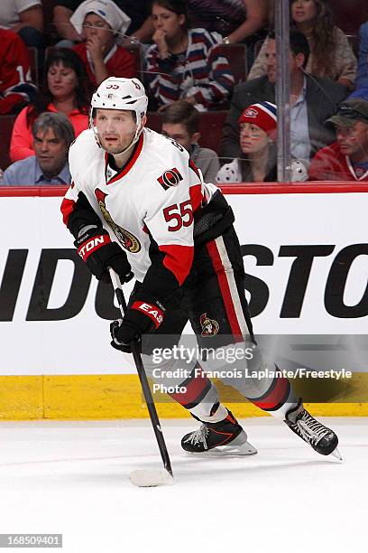 Sergei Gonchar of the Ottawa Senators skates with the puck against the Montreal Canadiens in Game Five of the Eastern Conference Quarterfinals during...