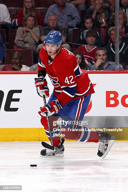 Jarred Tinordi of the Montreal Canadiens skates with the puck against the Ottawa Senators in Game Five of the Eastern Conference Quarterfinals during...