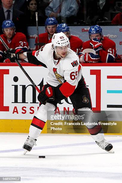 Erik Karlsson of the Ottawa Senators winds up a shot against the Montreal Canadiens in Game Five of the Eastern Conference Quarterfinals during the...