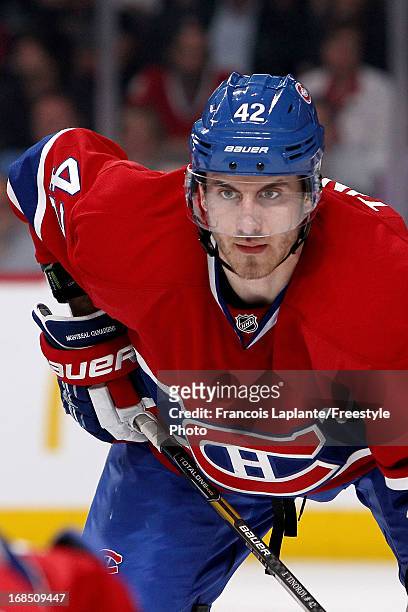 Jarred Tinordi of the Montreal Canadiens looks on during a faceoff against the Ottawa Senators in Game Five of the Eastern Conference Quarterfinals...