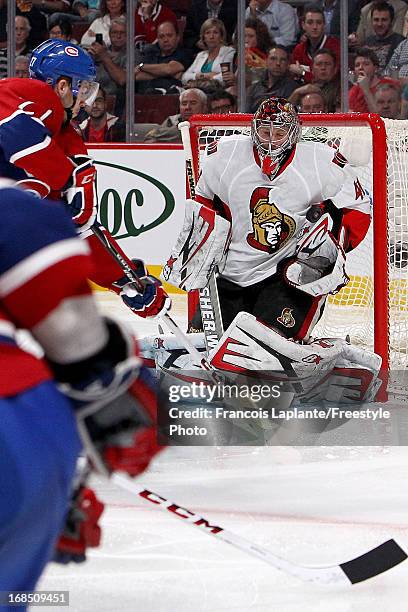 Craig Anderson of the Ottawa Senators makes a save against the Montreal Canadiens in Game Five of the Eastern Conference Quarterfinals during the...