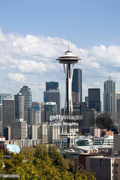 seattle skyline in summer - space needle stock pictures, royalty-free photos & images