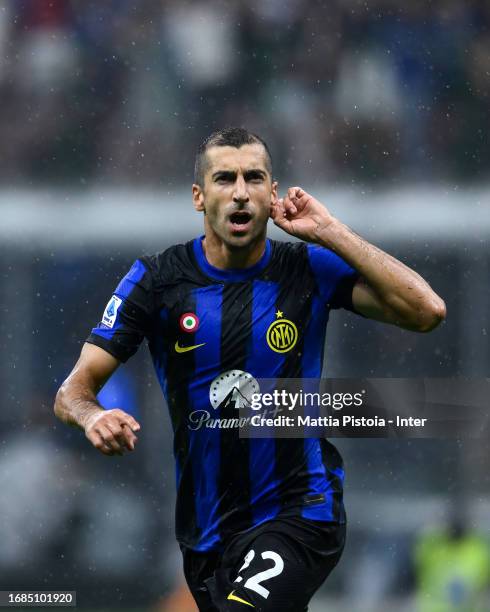 Henrikh Mkhitaryan of FC Internazionale celebrates after scoring the third goal during the Serie A TIM match between FC Internazionale and AC Milan...