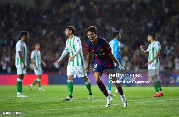 Joao Felix of FC Barcelona celebrates after scoring the team's first goal during the LaLiga EA Sports match between FC Barcelona and Real Betis at...