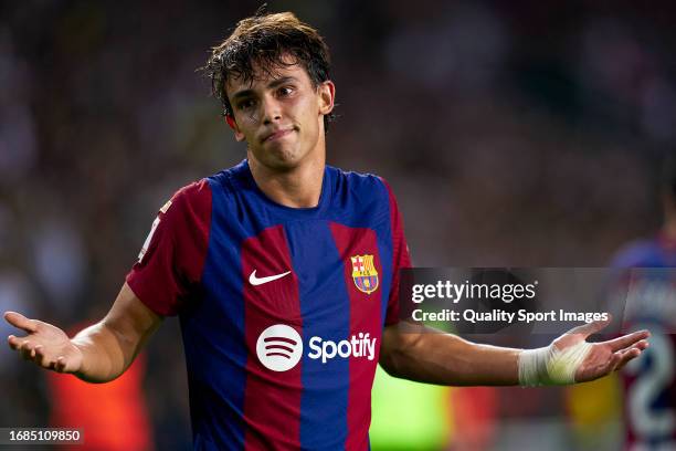 Joao Felix of FC Barcelona celebrates after scoring his team's first goal during the LaLiga EA Sports match between FC Barcelona and Real Betis at...