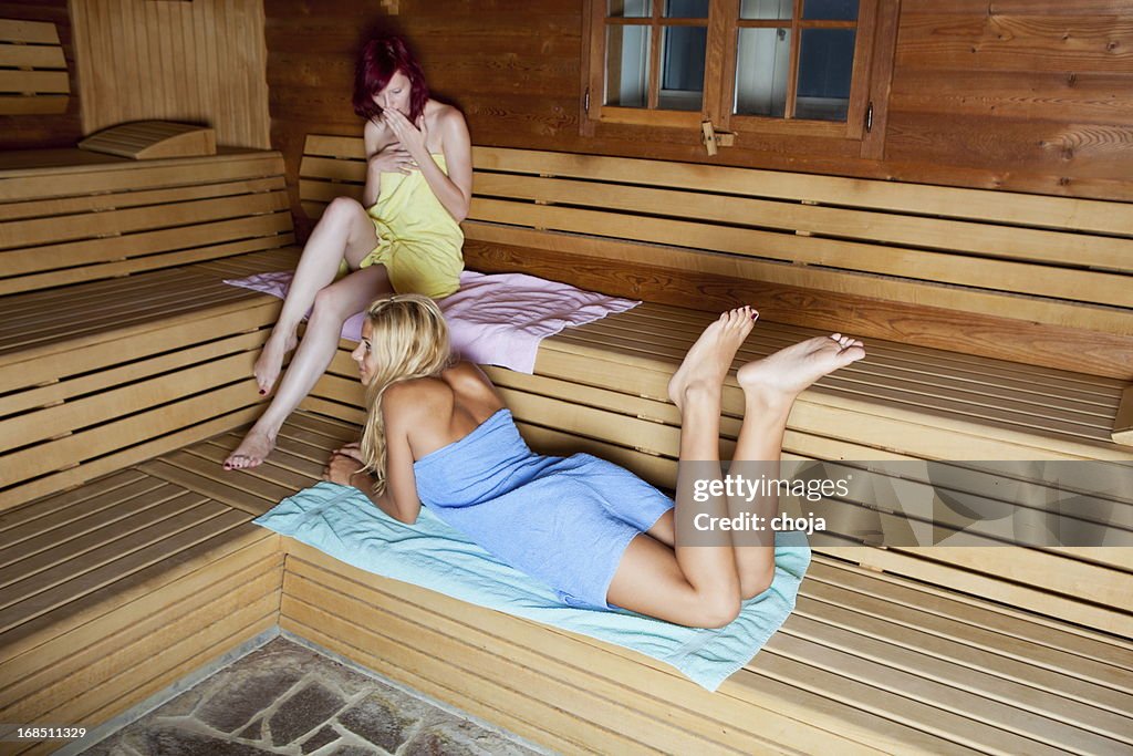 Beautiful young females relaxing in Finnish sauna