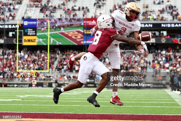 Renardo Green of the Florida State Seminoles breaks up a pass intended for Joseph Griffin Jr. #2 of the Boston College Eagles during the second half...
