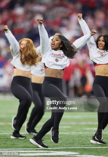 Louisville Cardinals cheerleaders perform in the game against the Indiana Hoosiers at Lucas Oil Stadium on September 16, 2023 in Indianapolis,...