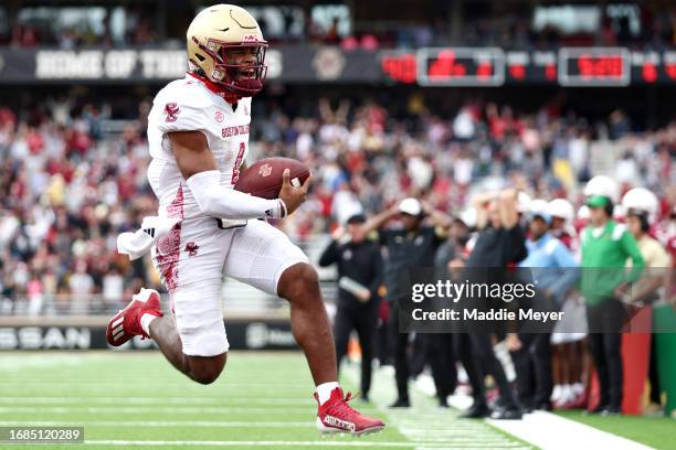 Thomas Castellanos of the Boston College Eagles scores a touchdown against the Florida State Seminoles during the second half at Alumni Stadium on...