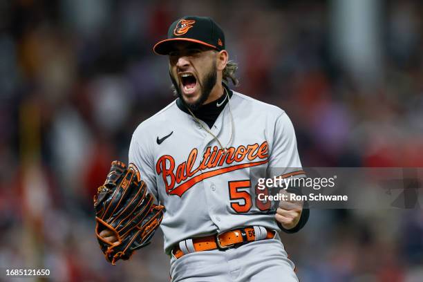 Cionel Perez of the Baltimore Orioles celebrates a 2-1 win against the Cleveland Guardians at Progressive Field on September 23, 2023 in Cleveland,...