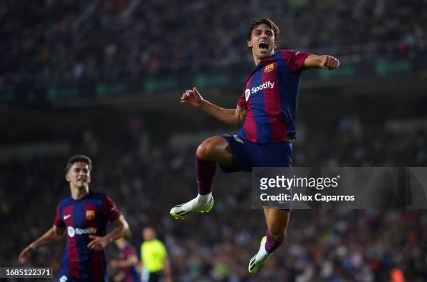 Joao Felix of FC Barcelona celebrates after scoring the team's first goal during the LaLiga EA Sports match between FC Barcelona and Real Betis at...