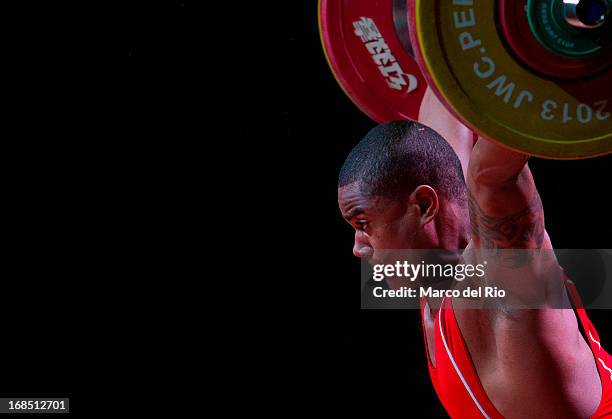 Matheus Machado of Brazil A competes in Men's 105kg during day seven of the 2013 Junior Weightlifting World Championship at Maria Angola Convention...