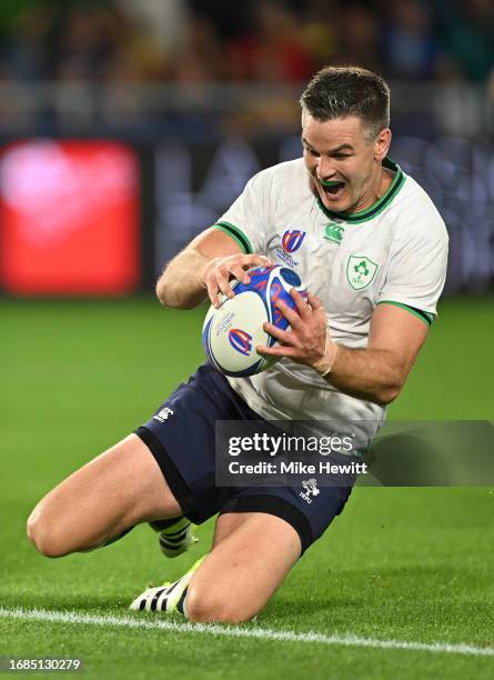 Johnny Sexton of Ireland scores his team's fourth try to become Ireland's record points' scorer during the Rugby World Cup France 2023 match between...