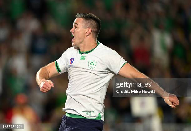 Johnny Sexton of Ireland celebrates scoring his team's fourth try to become Ireland's record points' scorer during the Rugby World Cup France 2023...
