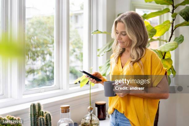 mujer mirando las redes sociales en su teléfono celular mientras toma café - usar el teléfono fotografías e imágenes de stock
