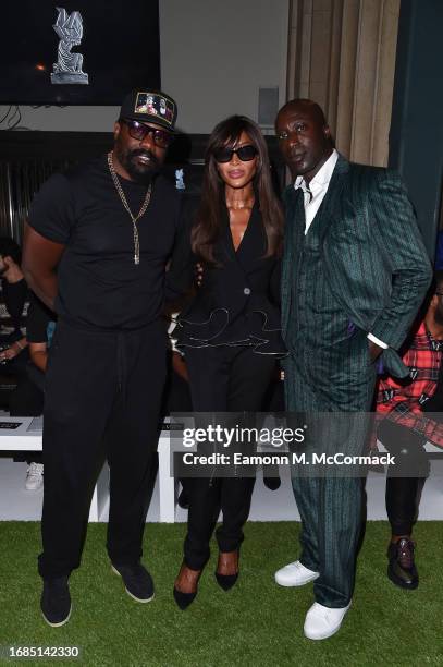 Dereck Chisora, Naomi Campbell and Ozwald Boateng attend the Mains Show By Skepta during London Fashion Week September 2023 at the on September 16,...