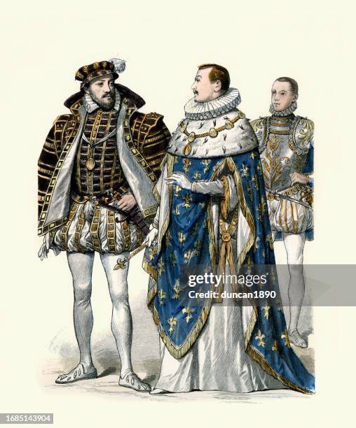 history of 16th century fashion, antoine of navarre, king charles ix of france in the king's robe, and francis ii of france - 16th century style stock illustrations