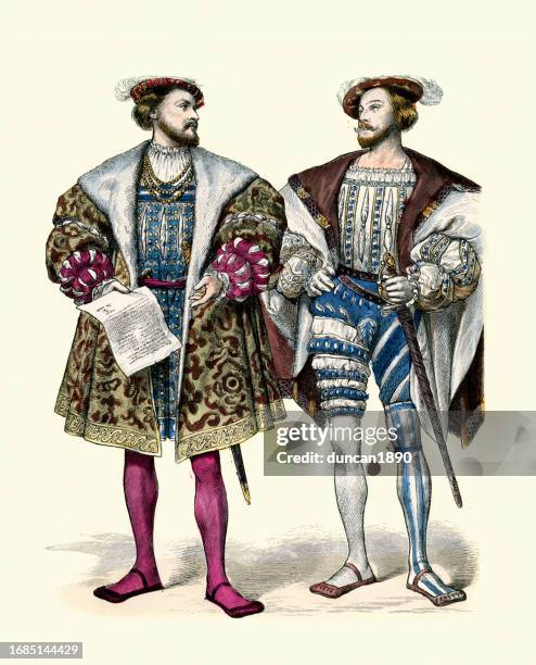 illustrations, cliparts, dessins animés et icônes de histoire de la mode du 16ème siècle, roi henri ii de navarre et claude de lorraine, duc de guise - style du xvième siècle