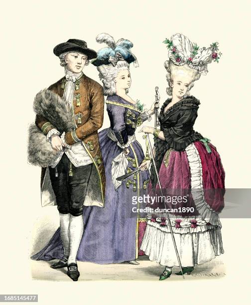 ilustrações de stock, clip art, desenhos animados e ícones de history of fashion, french man and women, france in 1770s, late 18th century costumes - eighteenth
