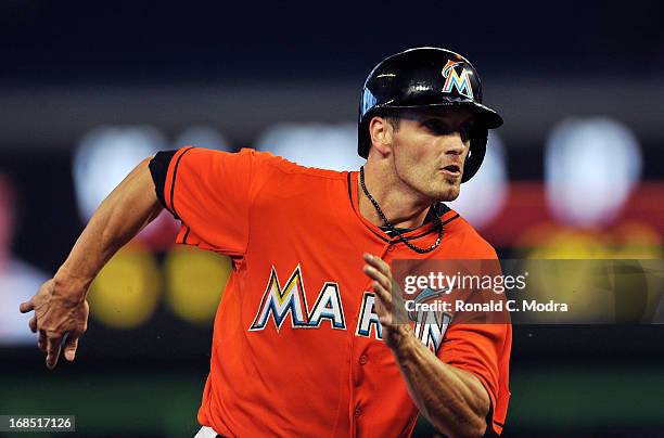 Nick Green of the Miami Marlins runs to third base during an MLB game against the New York Mets at Marlins Park on May 1, 2013 in Miami, Florida.