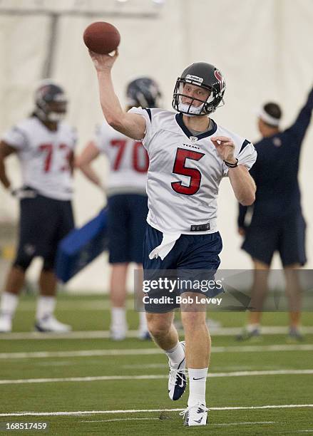 Quarterback Collin Klein of the Houston Texans throws a pass during Houston Texans rookie minin camp on May 10, 2013 in Houston, Texas.