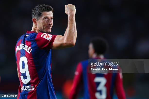 Robert Lewandowski of FC Barcelona celebrates after scoring the team's second goal during the LaLiga EA Sports match between FC Barcelona and Real...