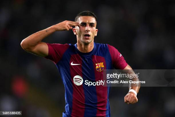 Ferran Torres of FC Barcelona celebrates after scoring the team's third goal during the LaLiga EA Sports match between FC Barcelona and Real Betis at...