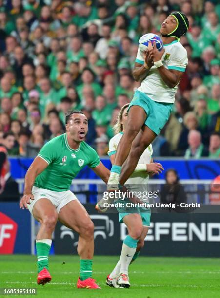 Kurt Lee Arendse of South Africa in action during the Rugby World Cup France 2023 match between South Africa and Ireland at Stade de France on...