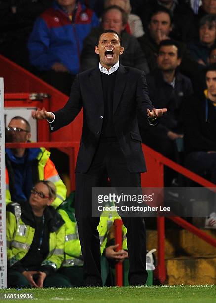 Manager Gus Poyet of Brighton shouts at his players during the npower Championship Play Off Semi Final, First Leg at Selhurst Park on May 10, 2013 in...