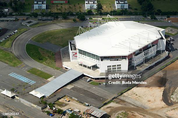 Aerial view of the Rio Olympic Arena that will hosts Gymnastics events and wheelchair basketball in the Paralympics 2016 on May 10, 2013 in Rio de...