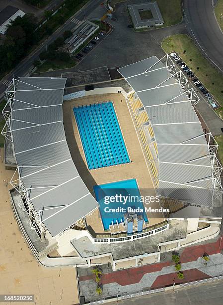 Aerial view of Maria Lenk Aquatic Center that will host water sport events in Rio 2016 Olympic Games on May 10, 2013 in Rio de Janeiro, Brazil.