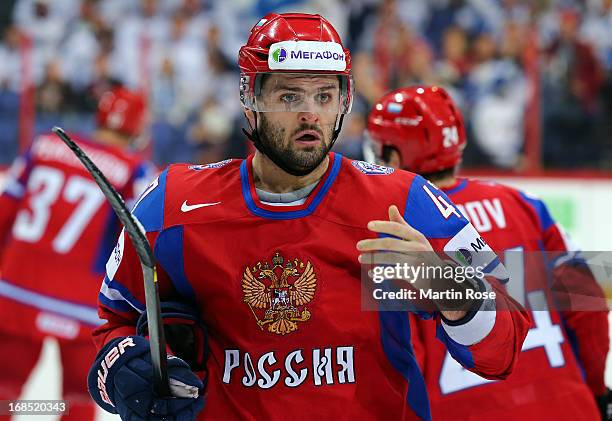 Alexander Radulov of Russia reacts during the IIHF World Championship group H match between Russia and Finland at Hartwall Areena on May 10, 2013 in...