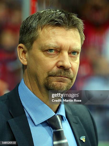 Jukka Jalonen, head coach of Finland looks on during the IIHF World Championship group H match between Russia and Finland at Hartwall Areena on May...
