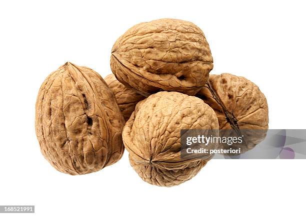 close-up of five shelled walnuts over a white background - posteriori stock pictures, royalty-free photos & images
