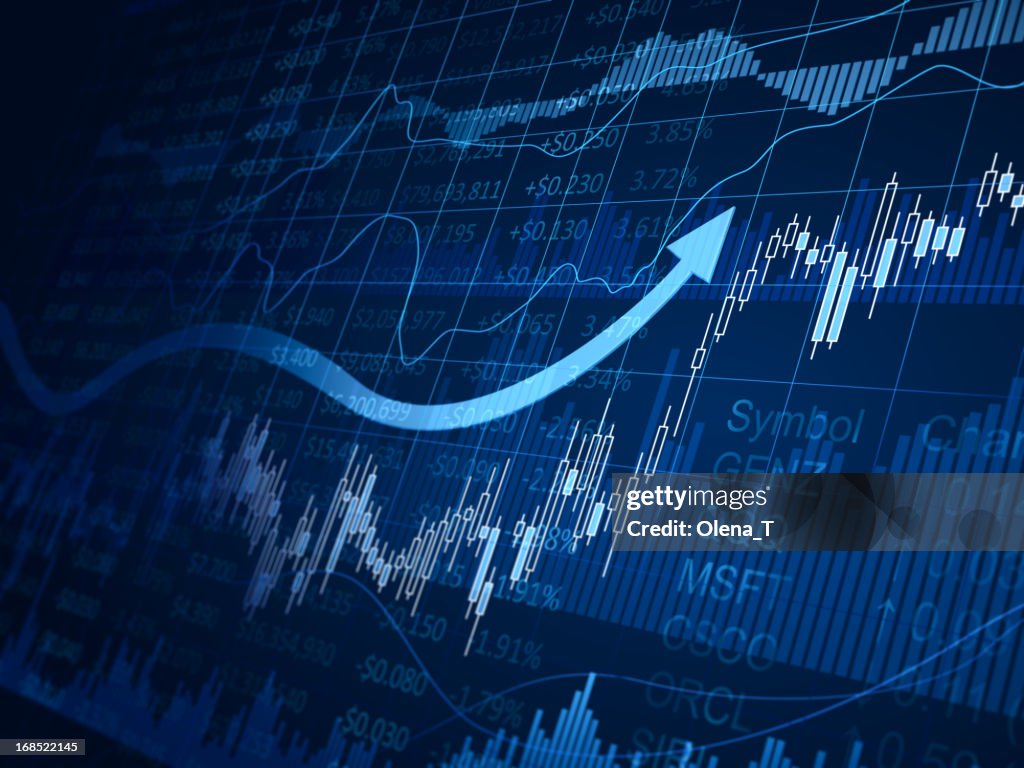 A blue financial chart with arrows pointing up