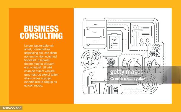 business consulting line icon set and banner design. analysis , knowledge , support , strategy , meeting , advice - business meeting customer service stock illustrations