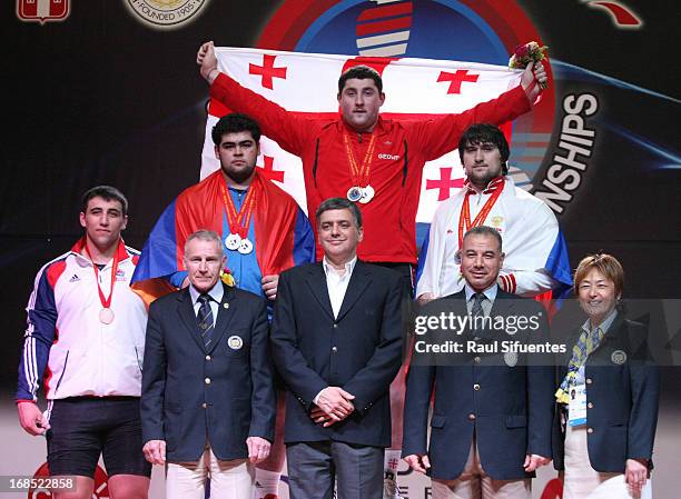 Gor Mynasian of Armenia, Lasha Talakhazde of Georgia and Darius Jokarzadeh og Great Britain in the podium of Men's +105kg A during day seven of the...